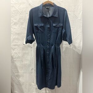 Button-Front Dark Blue Denim Midi Dress with Self-Tie Waist